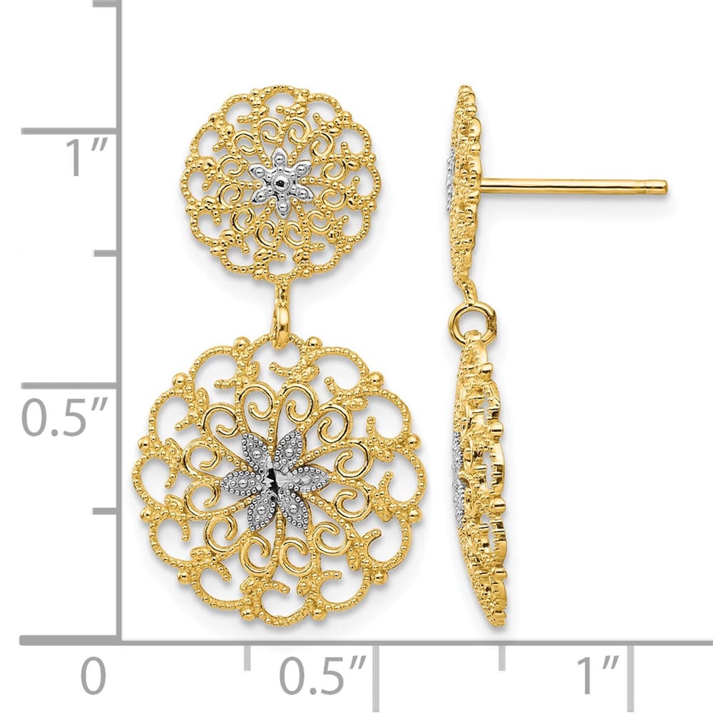 14K Yellow Gold White D.C. Filigree Medallion Drop Post Earrings, view 4 of 4