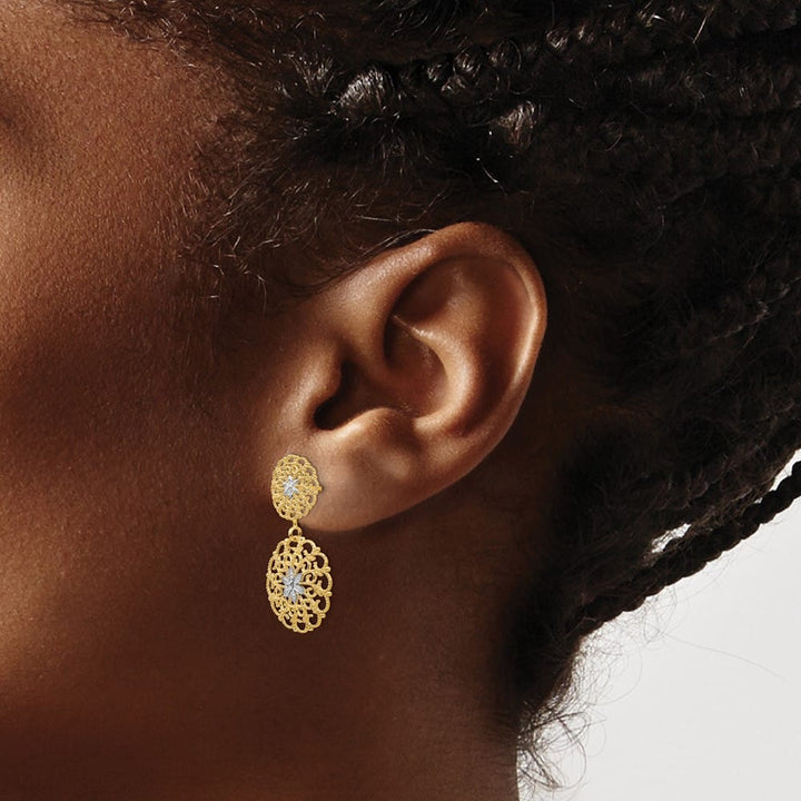 14K Yellow Gold White D.C. Filigree Medallion Drop Post Earrings, view 3 of 4