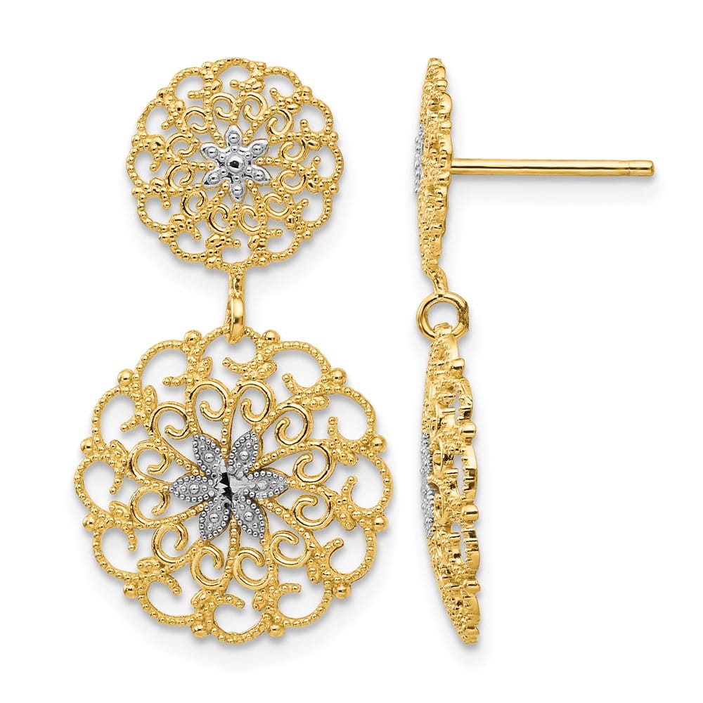 14K Yellow Gold White D.C. Filigree Medallion Drop Post Earrings, view 1 of 4