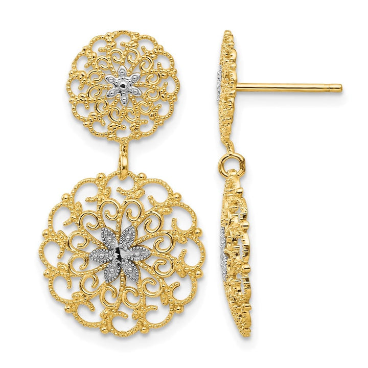 14K Yellow Gold White D.C. Filigree Medallion Drop Post Earrings, view 1 of 4