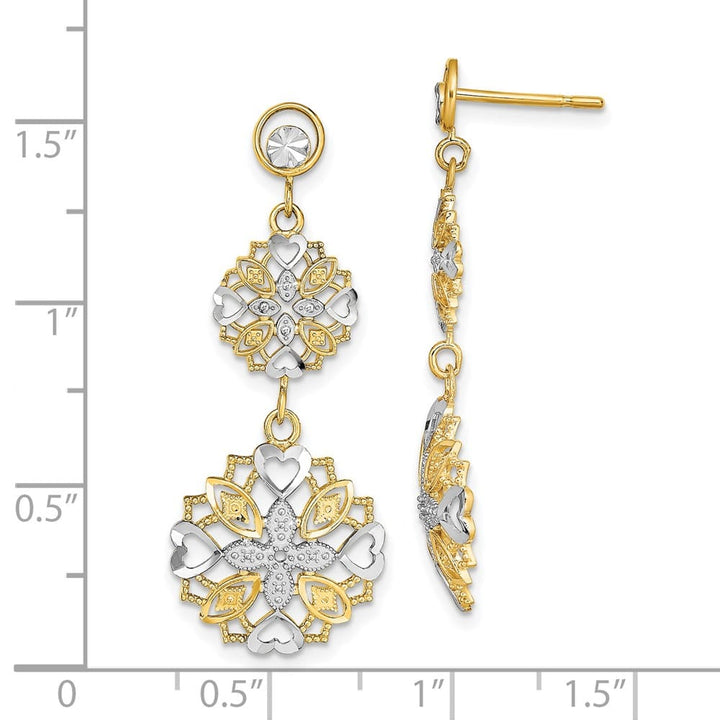 14K Yellow Gold White D.C. Flower and Heart Dangle Post Earrings, view 4 of 4