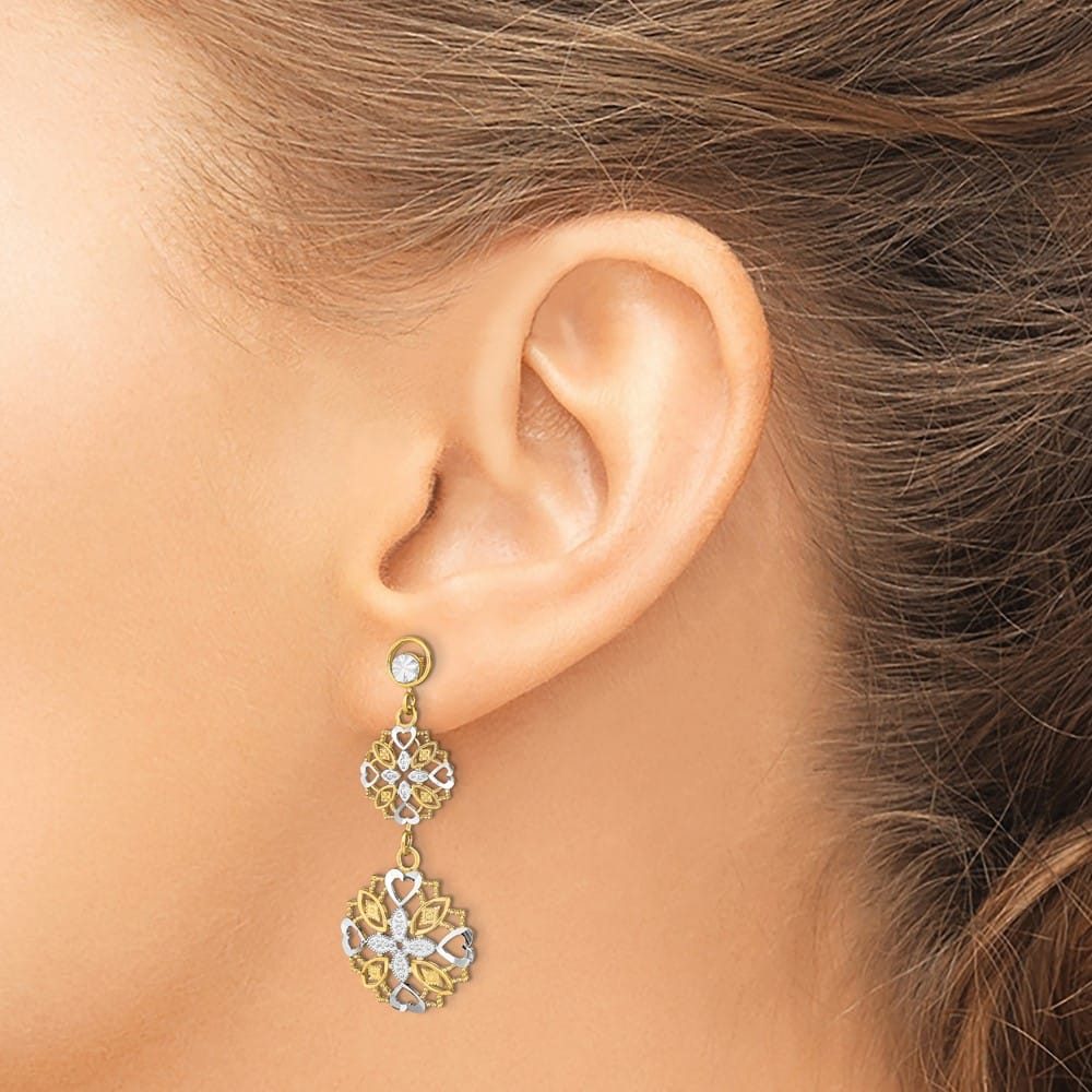 14K Yellow Gold White D.C. Flower and Heart Dangle Post Earrings, view 3 of 4