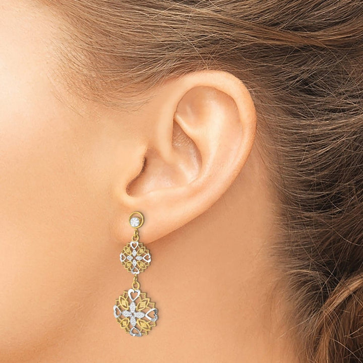 14K Yellow Gold White D.C. Flower and Heart Dangle Post Earrings, view 3 of 4