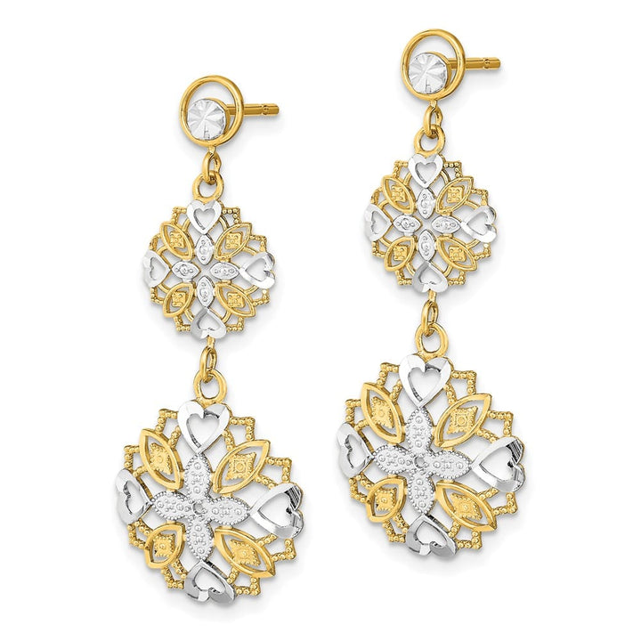 14K Yellow Gold White D.C. Flower and Heart Dangle Post Earrings, view 2 of 4