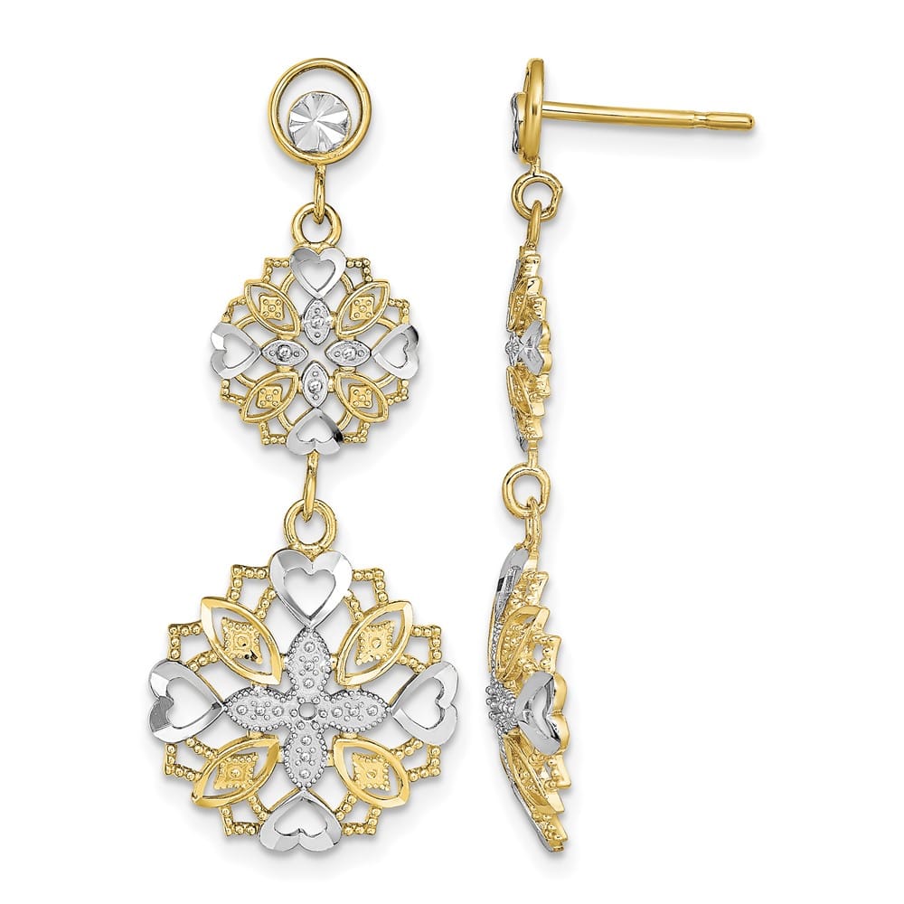 14K Yellow Gold White D.C. Flower and Heart Dangle Post Earrings, view 1 of 4