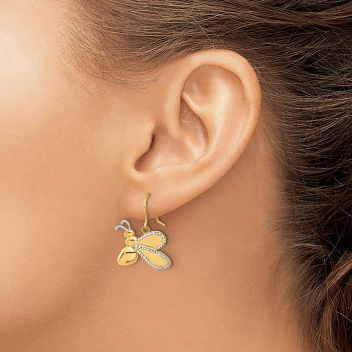 14K Yellow Gold White D.C. Large Bee Dangle French Hook Earrings, view 3 of 4