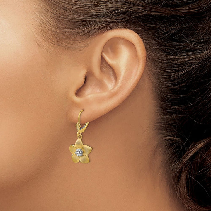 14K Yellow Gold White D.C. Large Plumeria Dangle Leverback Earrings, view 3 of 4