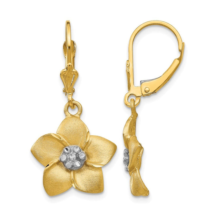 14K Yellow Gold White D.C. Large Plumeria Dangle Leverback Earrings, view 1 of 4