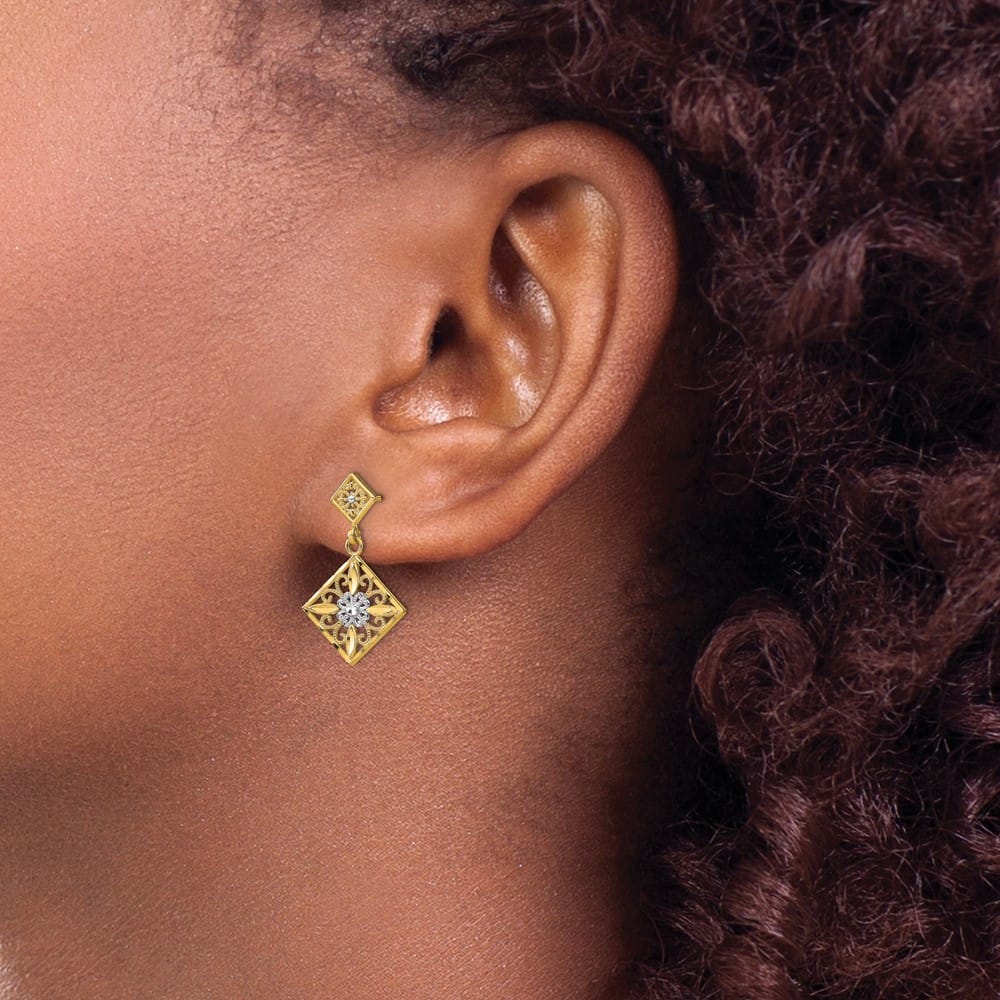 14K Yellow Gold White D.C. Square Filigree Dangle Post Earrings, view 3 of 4