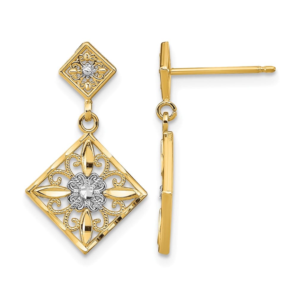 14K Yellow Gold White D.C. Square Filigree Dangle Post Earrings, view 1 of 4