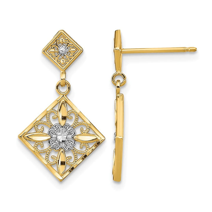14K Yellow Gold White D.C. Square Filigree Dangle Post Earrings, view 1 of 4