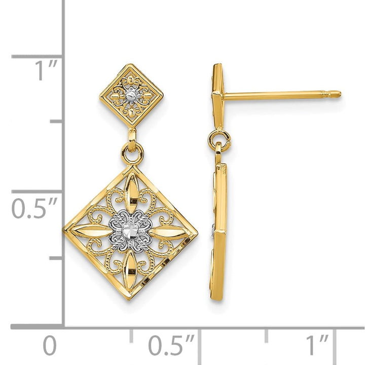 14K Yellow Gold White D.C. Square Filigree Dangle Post Earrings, view 4 of 4