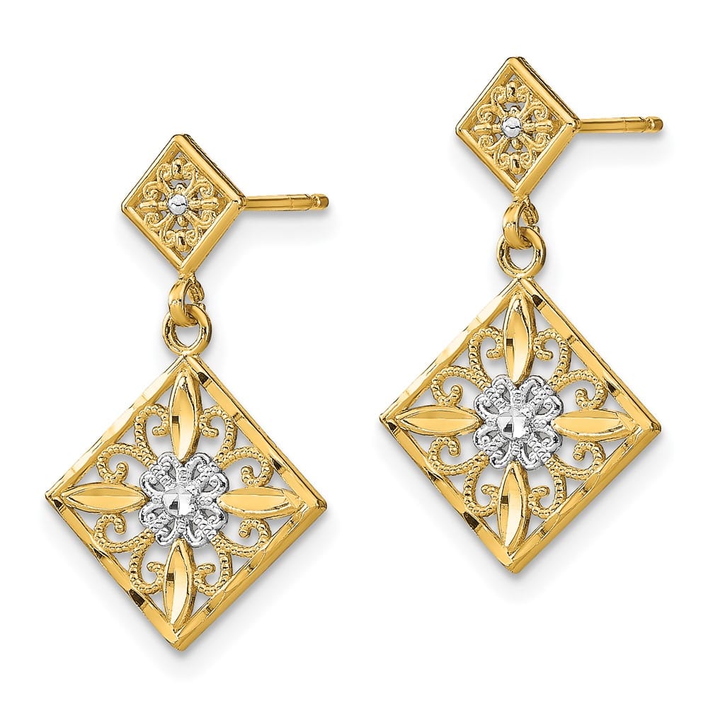 14K Yellow Gold White D.C. Square Filigree Dangle Post Earrings, view 2 of 4