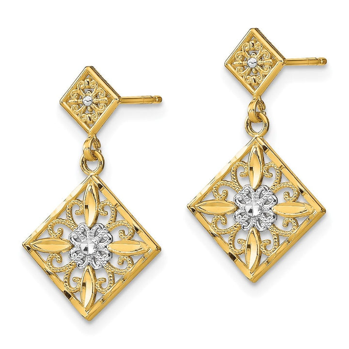 14K Yellow Gold White D.C. Square Filigree Dangle Post Earrings, view 2 of 4