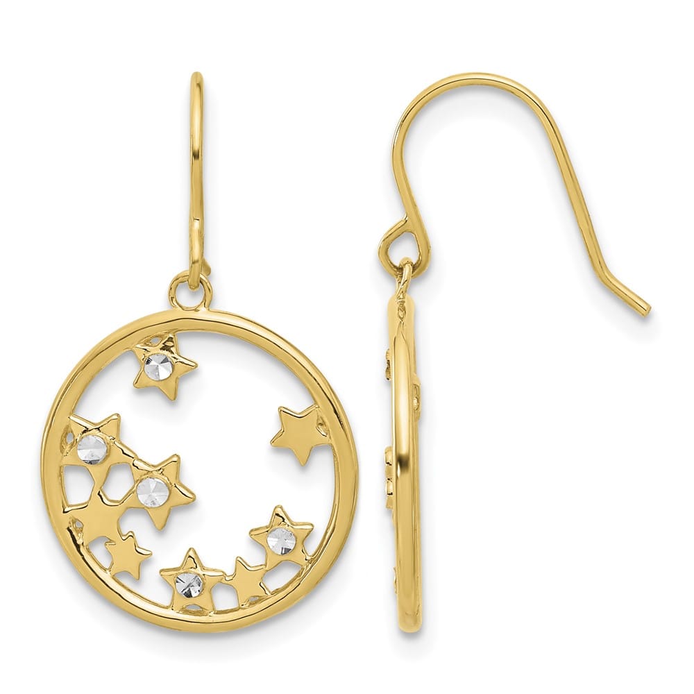14K Yellow Gold White D.C. Stars in Circle Dangle French Hook Earrings, view 1 of 4