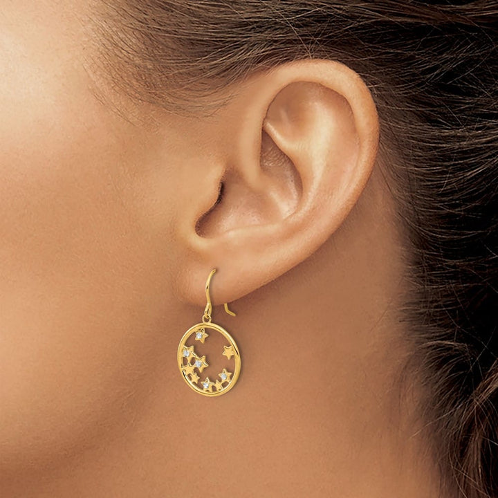 14K Yellow Gold White D.C. Stars in Circle Dangle French Hook Earrings, view 3 of 4