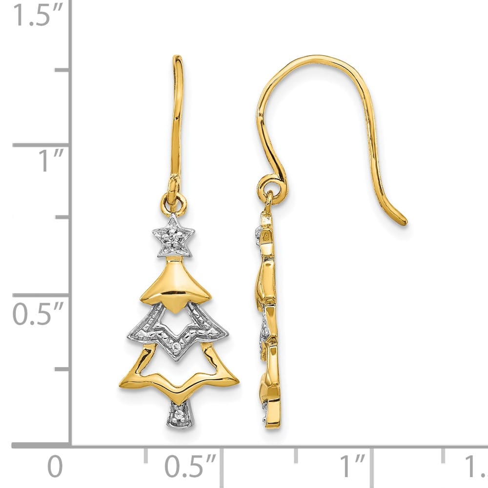 14K Yellow Gold White Diamond Tree Dangle French Hook Earrings, view 4 of 4