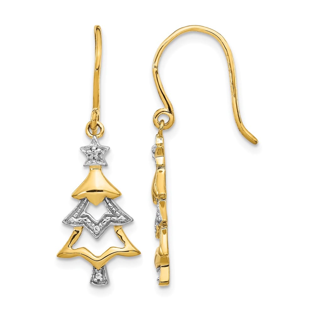 14K Yellow Gold White Diamond Tree Dangle French Hook Earrings, view 1 of 4