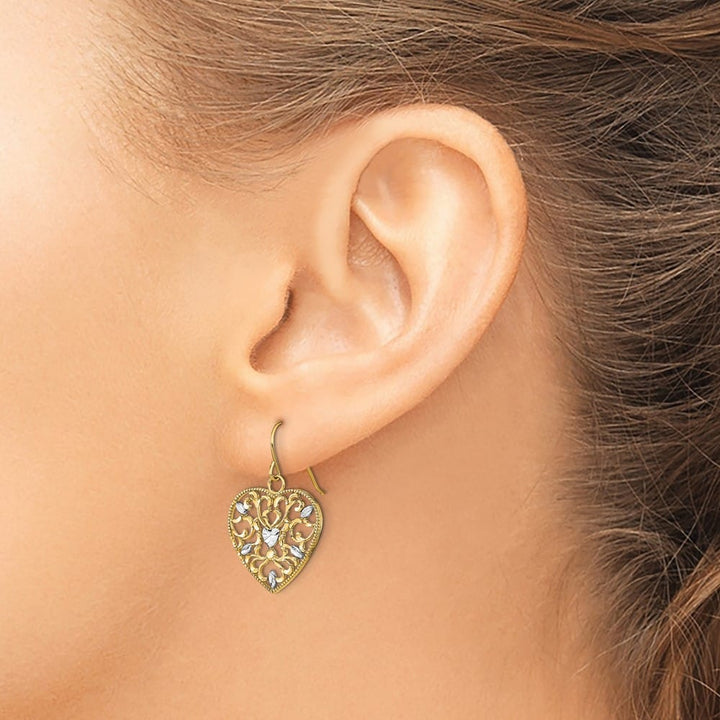 14K Yellow Gold White Filigree Cut-Out Heart French Hook Earrings, view 3 of 4