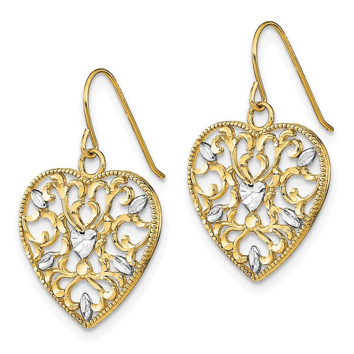 14K Yellow Gold White Filigree Cut-Out Heart French Hook Earrings, view 2 of 4