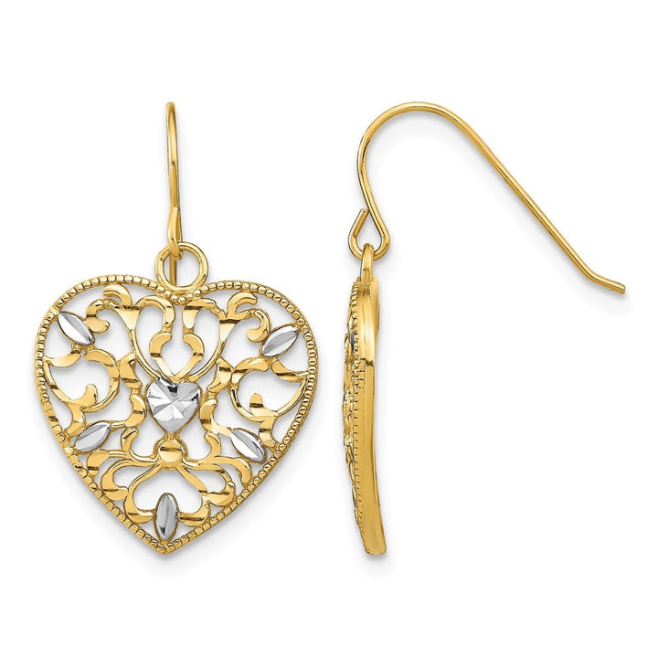 14K Yellow Gold White Filigree Cut-Out Heart French Hook Earrings, view 1 of 4