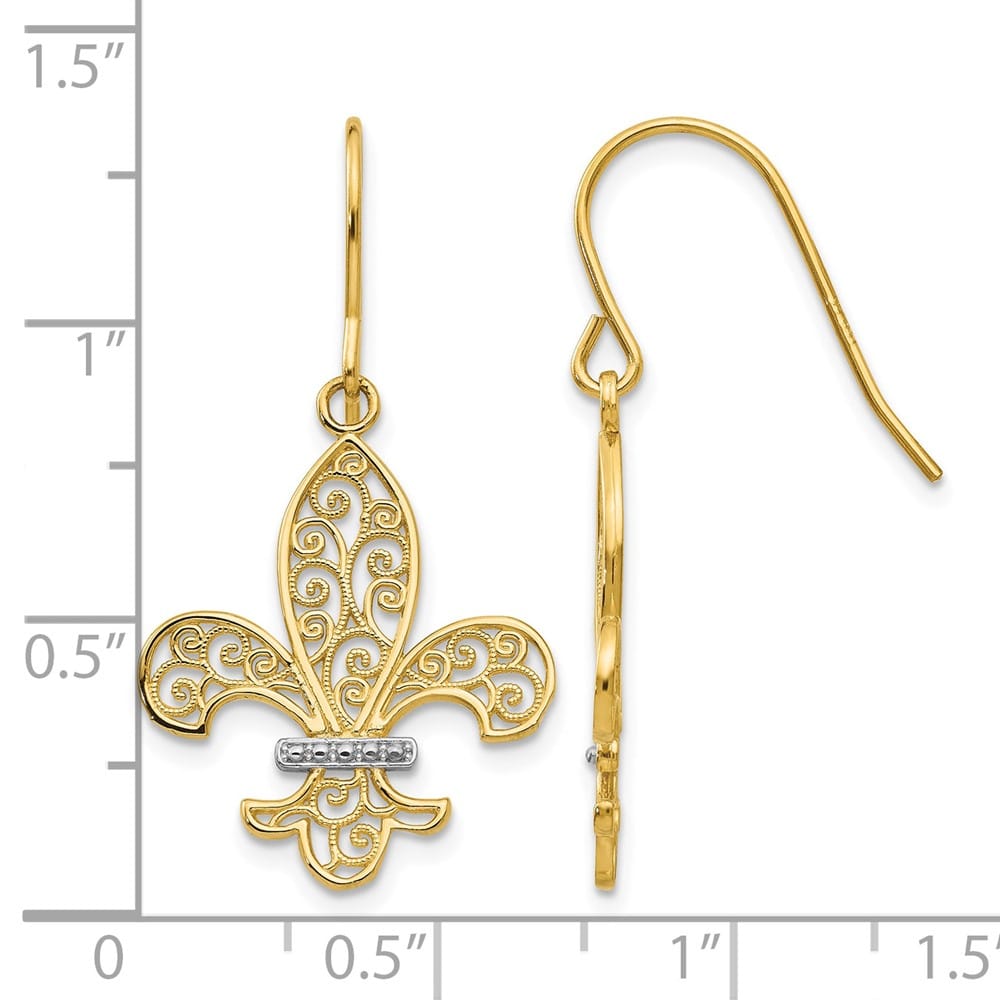 14K Yellow Gold White Filigree de lis Dangle French Hook Earrings, view 4 of 4