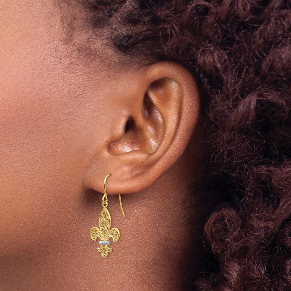 14K Yellow Gold White Filigree de lis Dangle French Hook Earrings, view 3 of 4