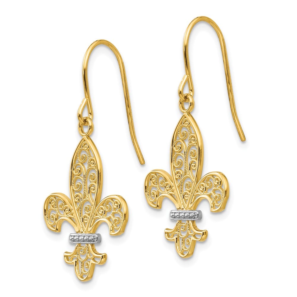 14K Yellow Gold White Filigree de lis Dangle French Hook Earrings, view 2 of 4