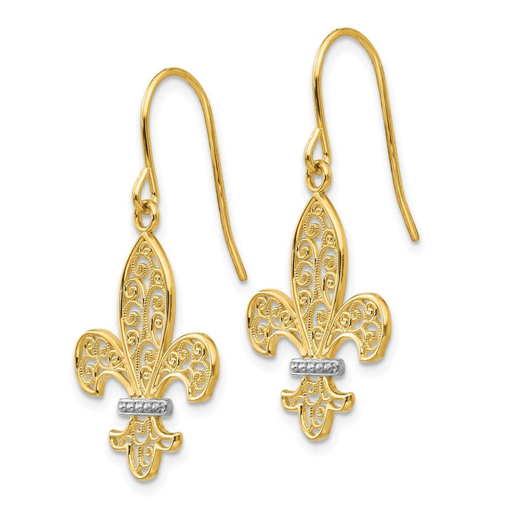 14K Yellow Gold White Filigree de lis Dangle French Hook Earrings, view 2 of 4