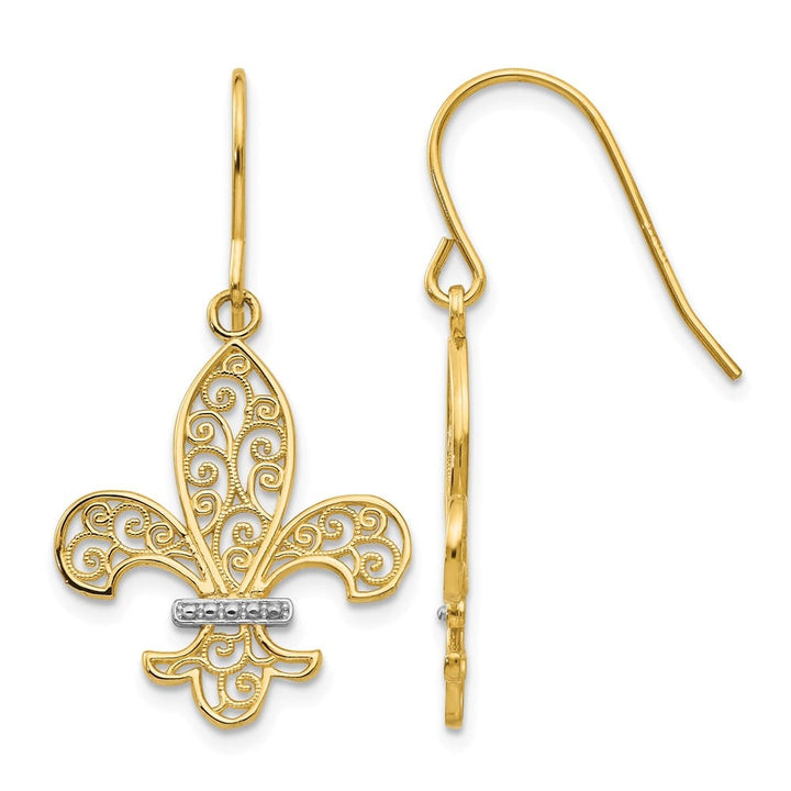 14K Yellow Gold White Filigree de lis Dangle French Hook Earrings, view 1 of 4
