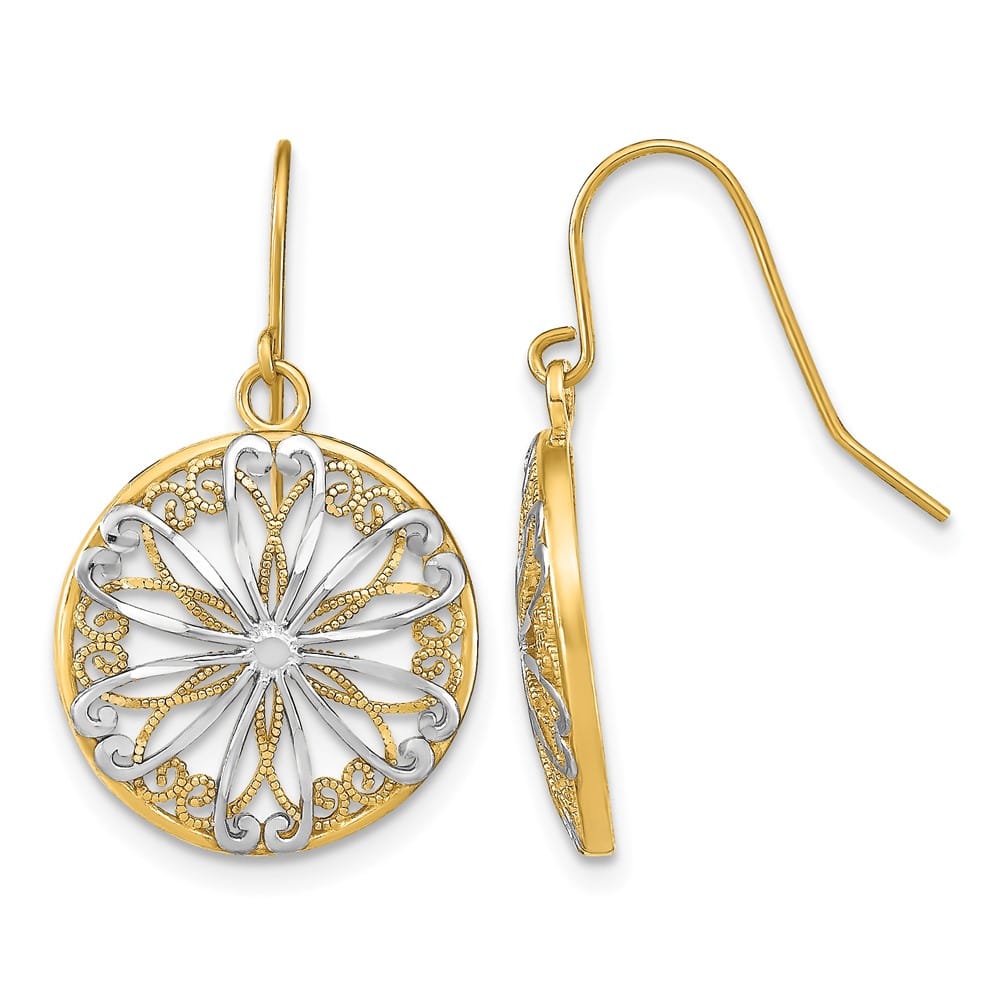 14K Yellow Gold White Filigree Medallion Dangle French Hook Earrings, view 1 of 4