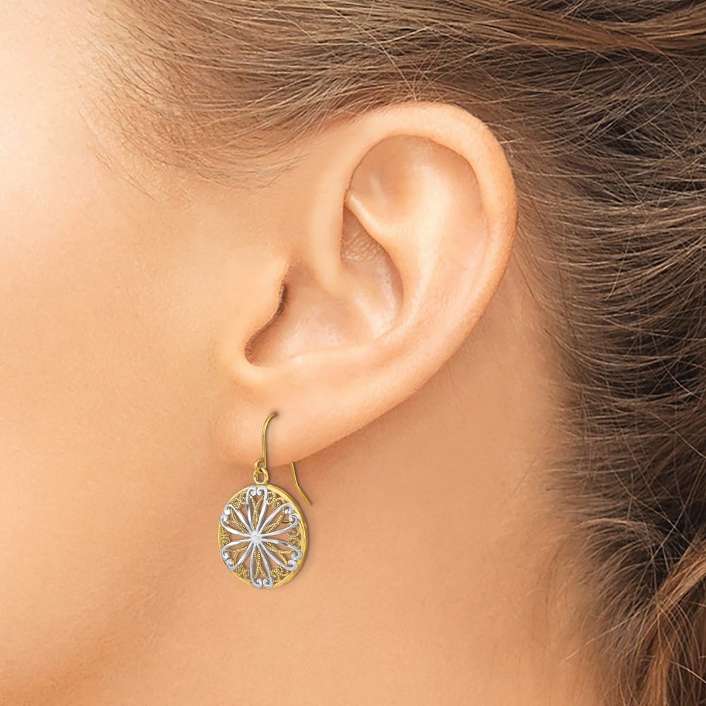 14K Yellow Gold White Filigree Medallion Dangle French Hook Earrings, view 3 of 4