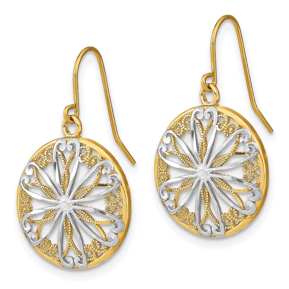 14K Yellow Gold White Filigree Medallion Dangle French Hook Earrings, view 2 of 4