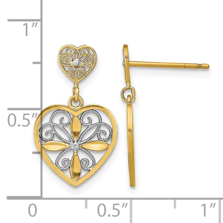 14K Yellow Gold White Flower Heart Filigree Dangle Post Earrings, view 4 of 4
