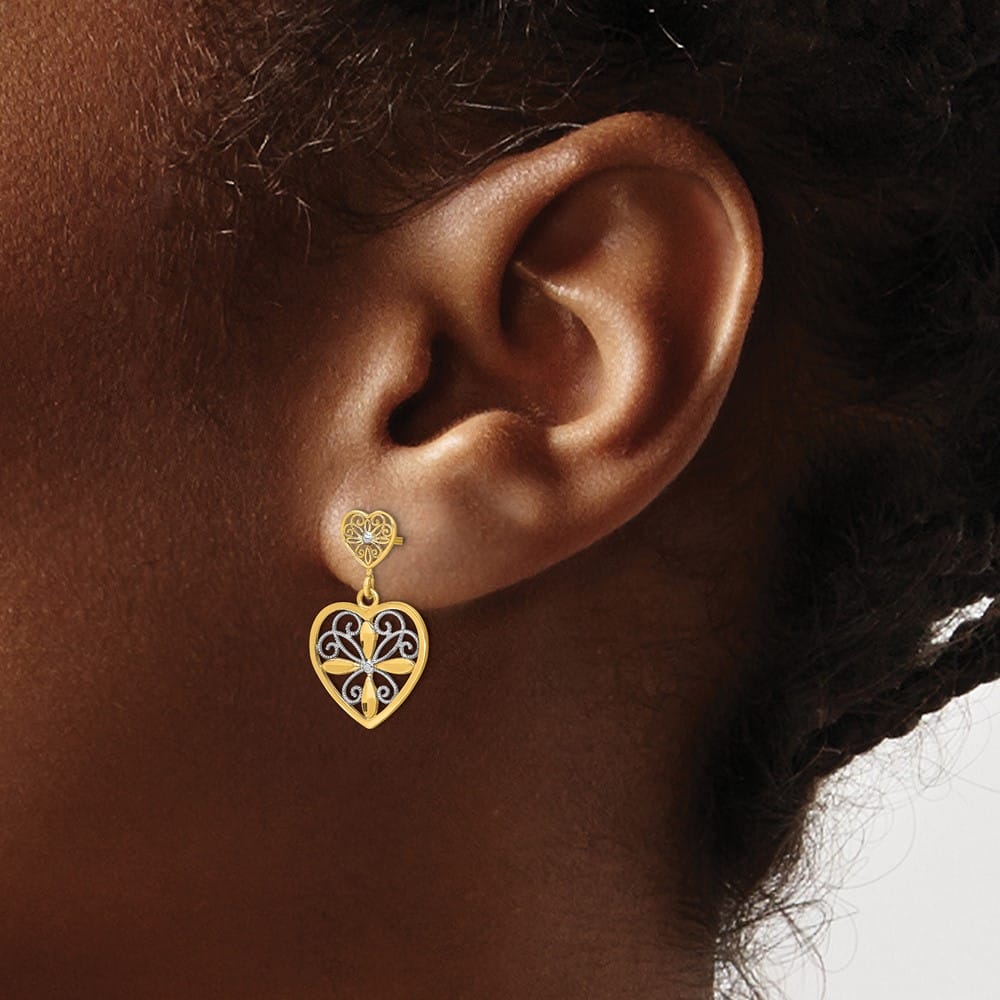 14K Yellow Gold White Flower Heart Filigree Dangle Post Earrings, view 3 of 4