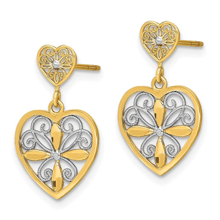 14K Yellow Gold White Flower Heart Filigree Dangle Post Earrings, view 2 of 4