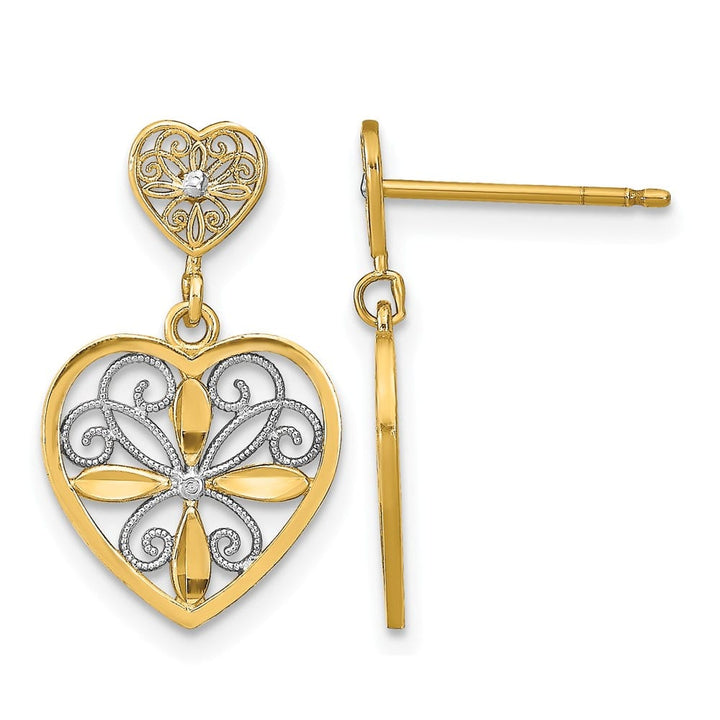 14K Yellow Gold White Flower Heart Filigree Dangle Post Earrings, view 1 of 4