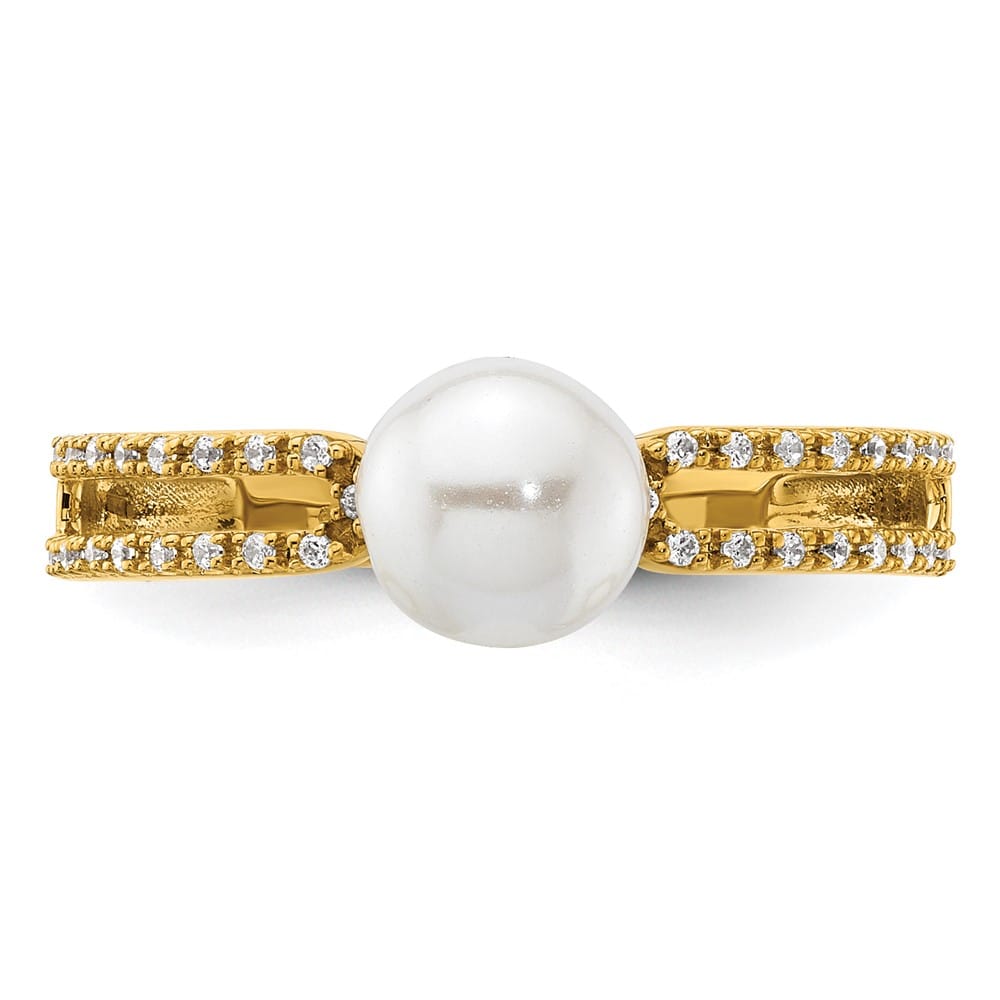 14k Yellow Gold White Freshwater Cultured Pearl Diamond Ring Size 7