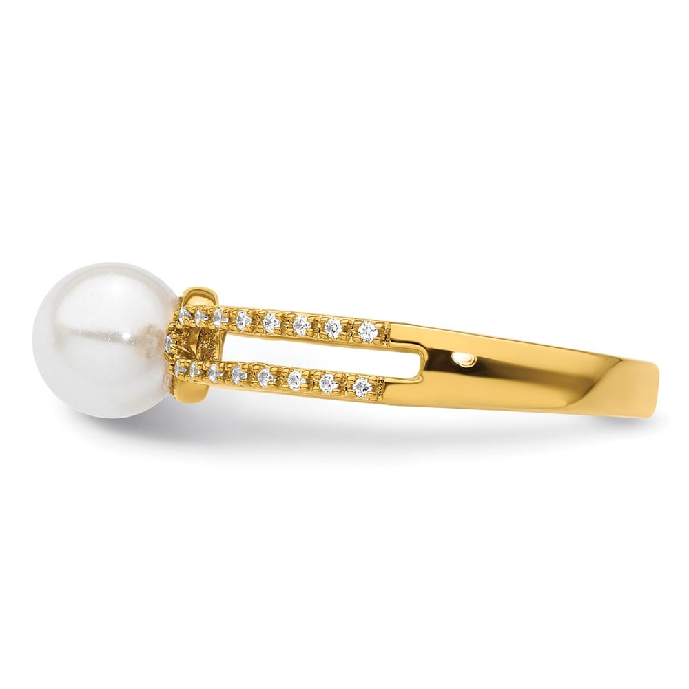 14k Yellow Gold White Freshwater Cultured Pearl Diamond Ring Size 7