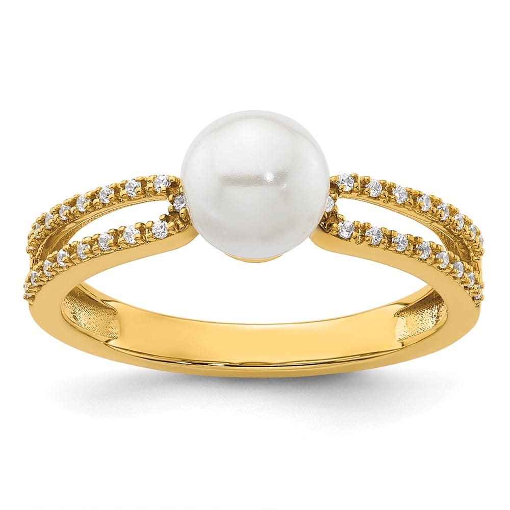 14k Yellow Gold White Freshwater Cultured Pearl Diamond Ring Size 7