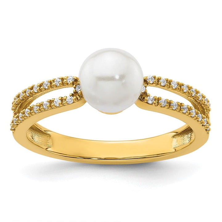 14k Yellow Gold White Freshwater Cultured Pearl Diamond Ring Size 7