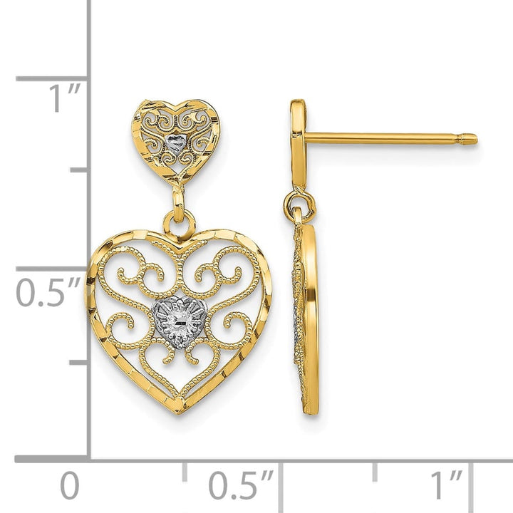 14K Yellow Gold White Heart Beaded Filigree Dangle Post Earrings, view 4 of 4