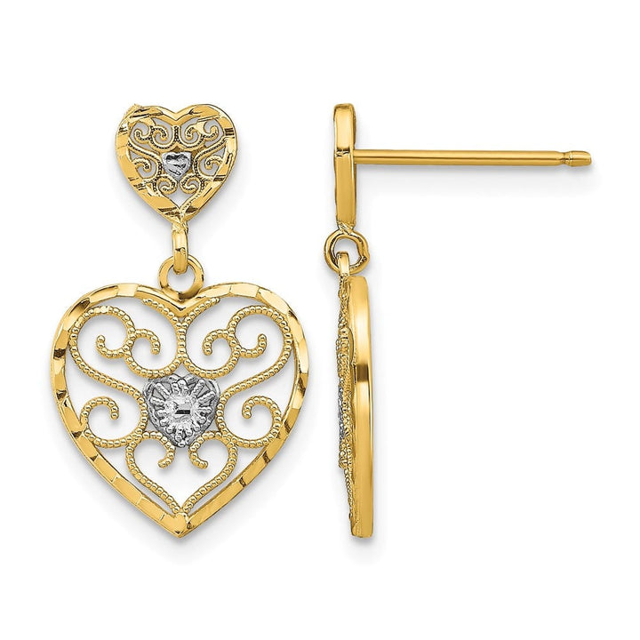 14K Yellow Gold White Heart Beaded Filigree Dangle Post Earrings, view 1 of 4