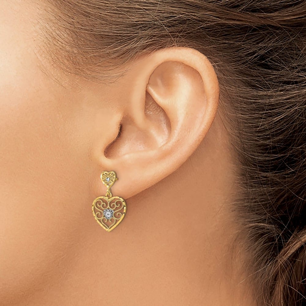 14K Yellow Gold White Heart Beaded Filigree Dangle Post Earrings, view 3 of 4