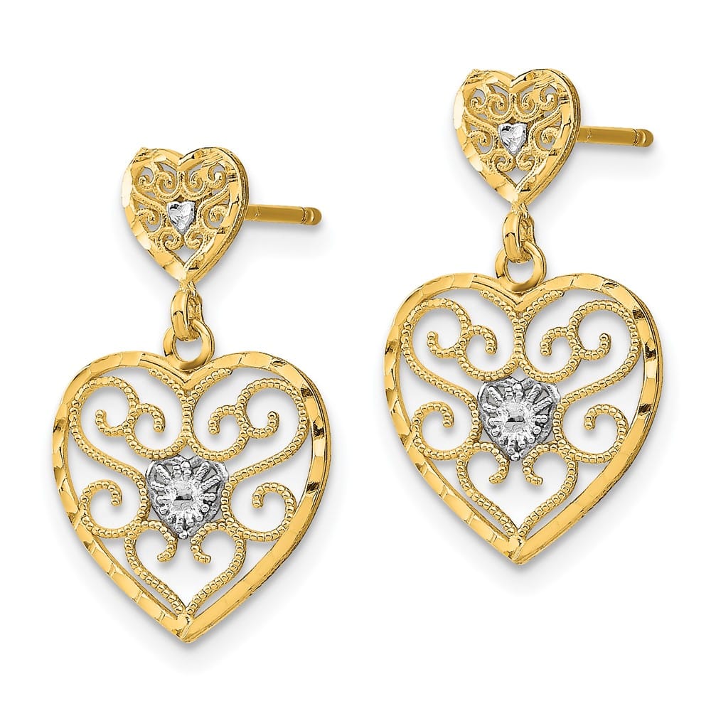 14K Yellow Gold White Heart Beaded Filigree Dangle Post Earrings, view 2 of 4