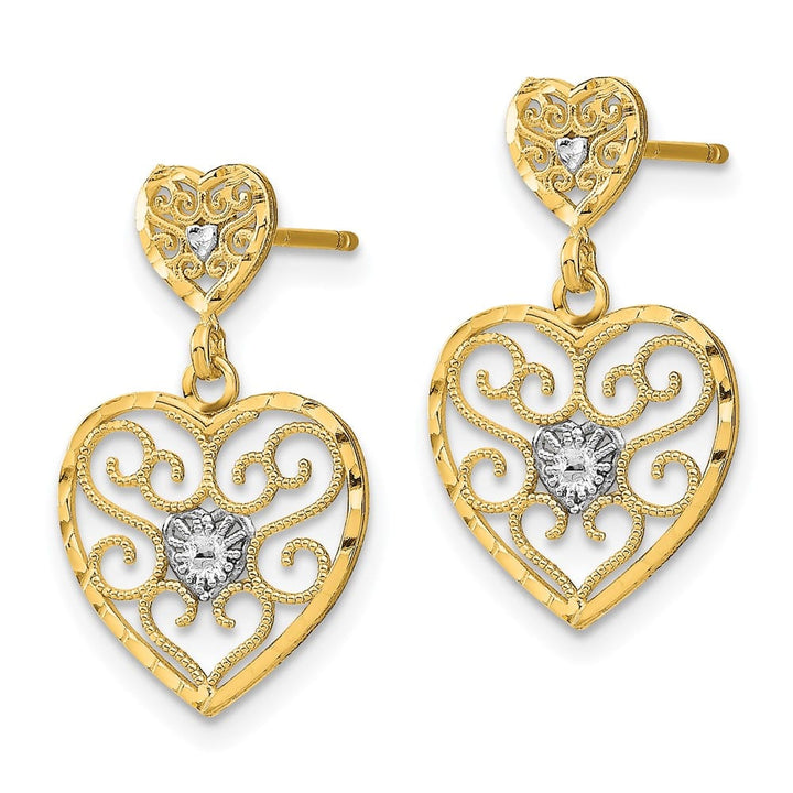 14K Yellow Gold White Heart Beaded Filigree Dangle Post Earrings, view 2 of 4