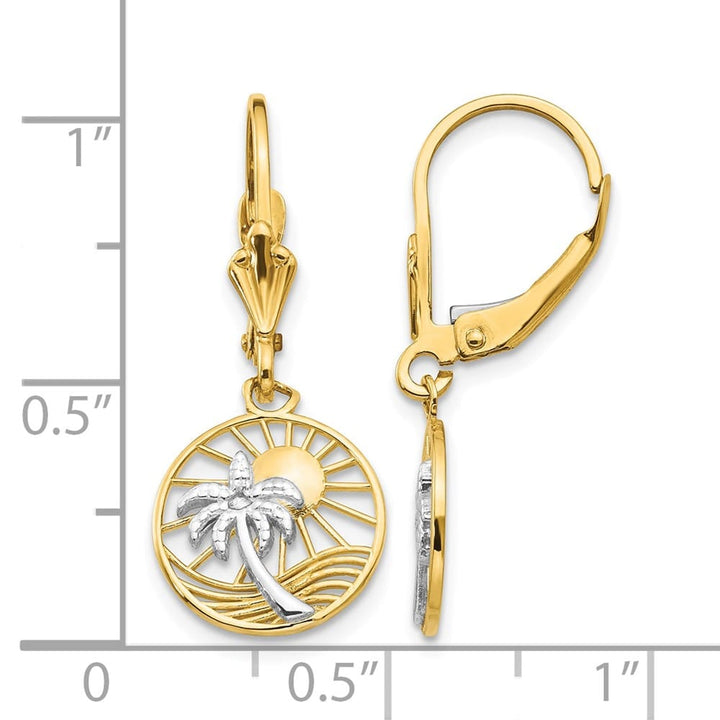 14K Yellow Gold White Palm Tree and Sun in Circle Leverback Earrings, view 4 of 4