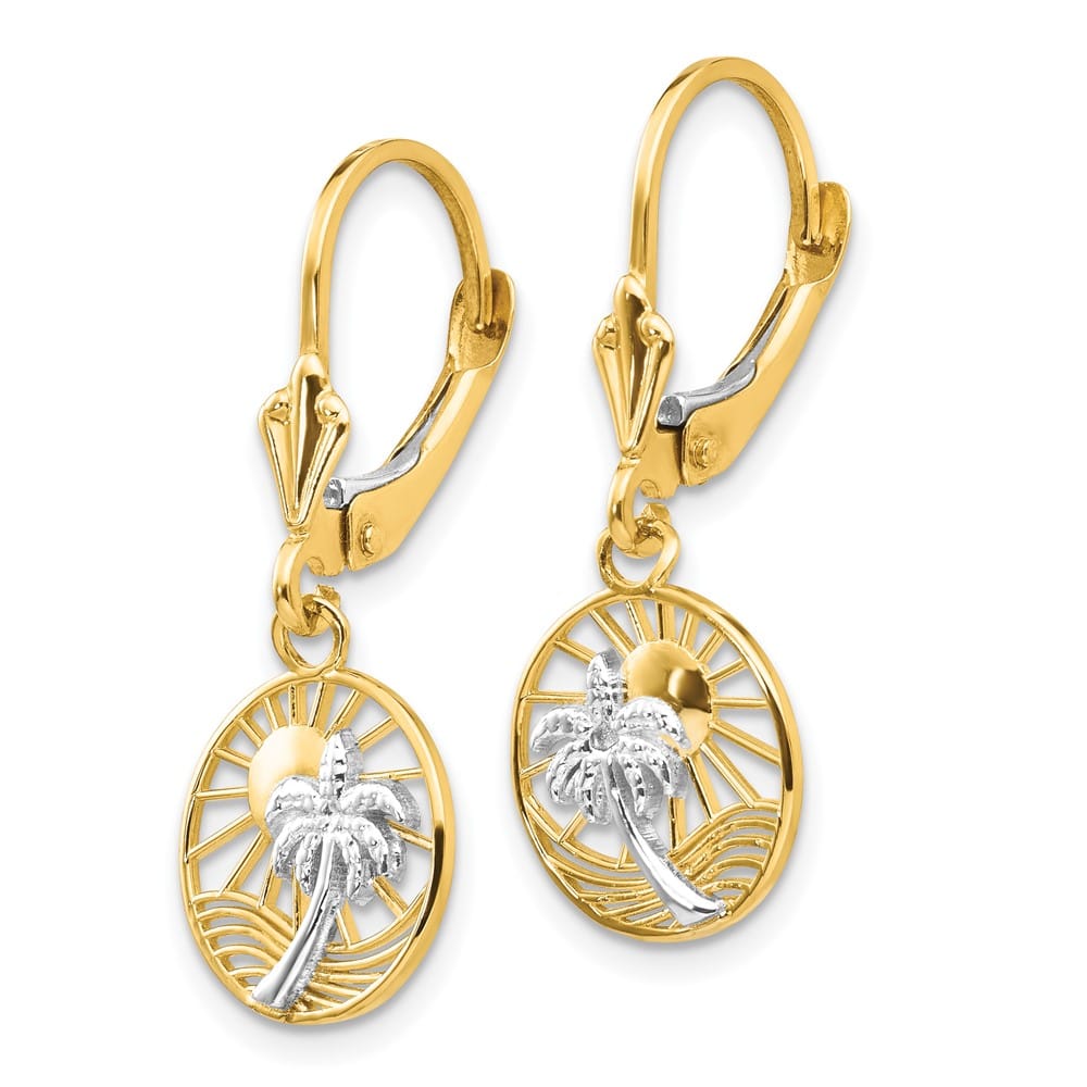14K Yellow Gold White Palm Tree and Sun in Circle Leverback Earrings, view 2 of 4