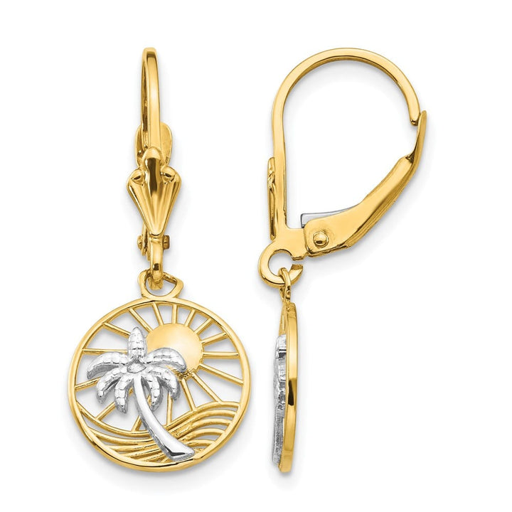14K Yellow Gold White Palm Tree and Sun in Circle Leverback Earrings, view 1 of 4
