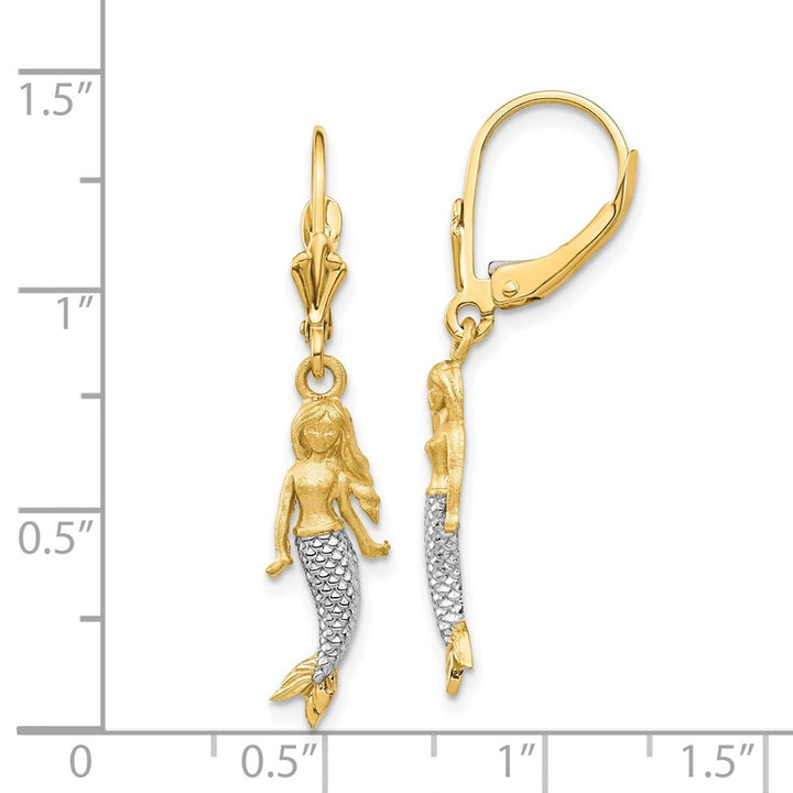 14K Yellow Gold White Rhodium and Mermaid Dangle Leverback Earrings, view 4 of 4